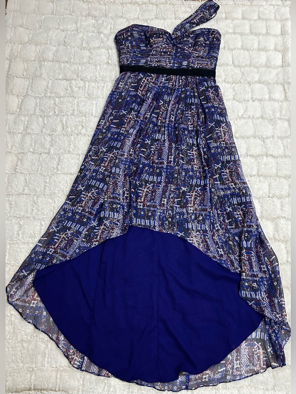 BCBGMAXAZRIA Inga One Shoulder Printed High-Low Gown Dress Blue Abstract Size 10